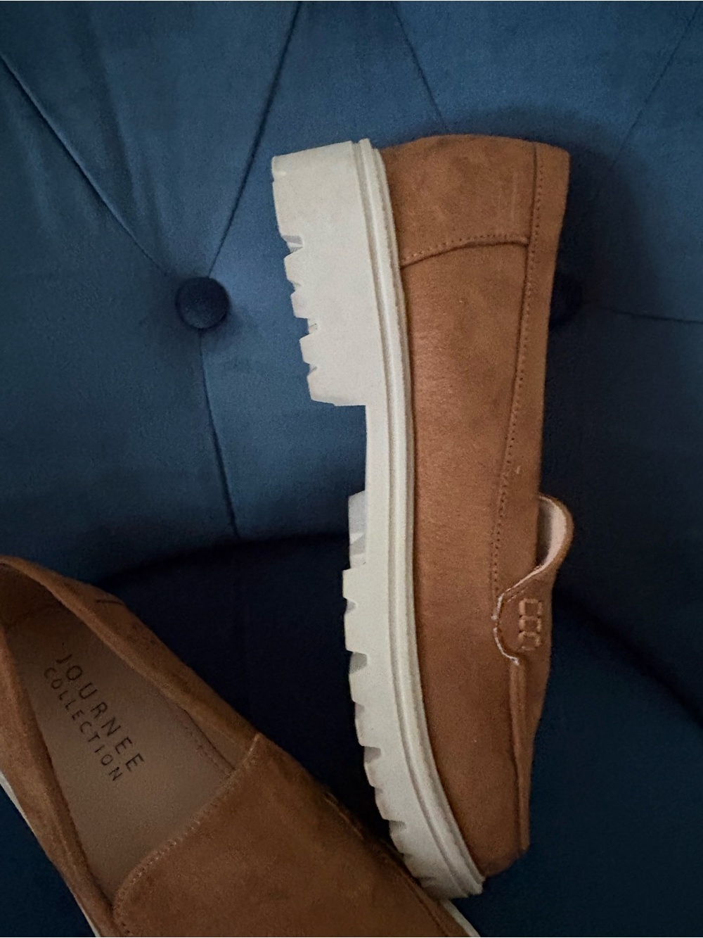Journee Collection women’s Brown Suede Slip-On Loafers with White Sole - Picture 2 of 3